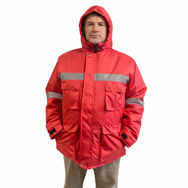CAMPERA PARKA, TRUCKER CON CORDERITO Y REFLEX ROJA
