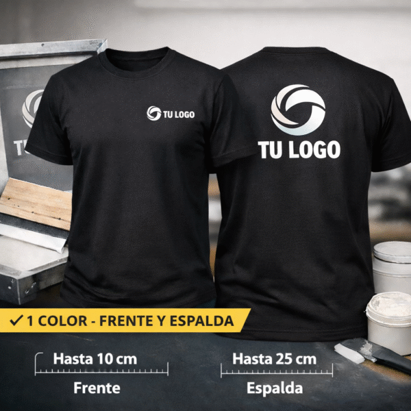 LOGO ESTAMPADO POR SERIGRAFIA 1 COLOR FRENTE Y ESPALDA HASTA 25 CM DE ANCHO